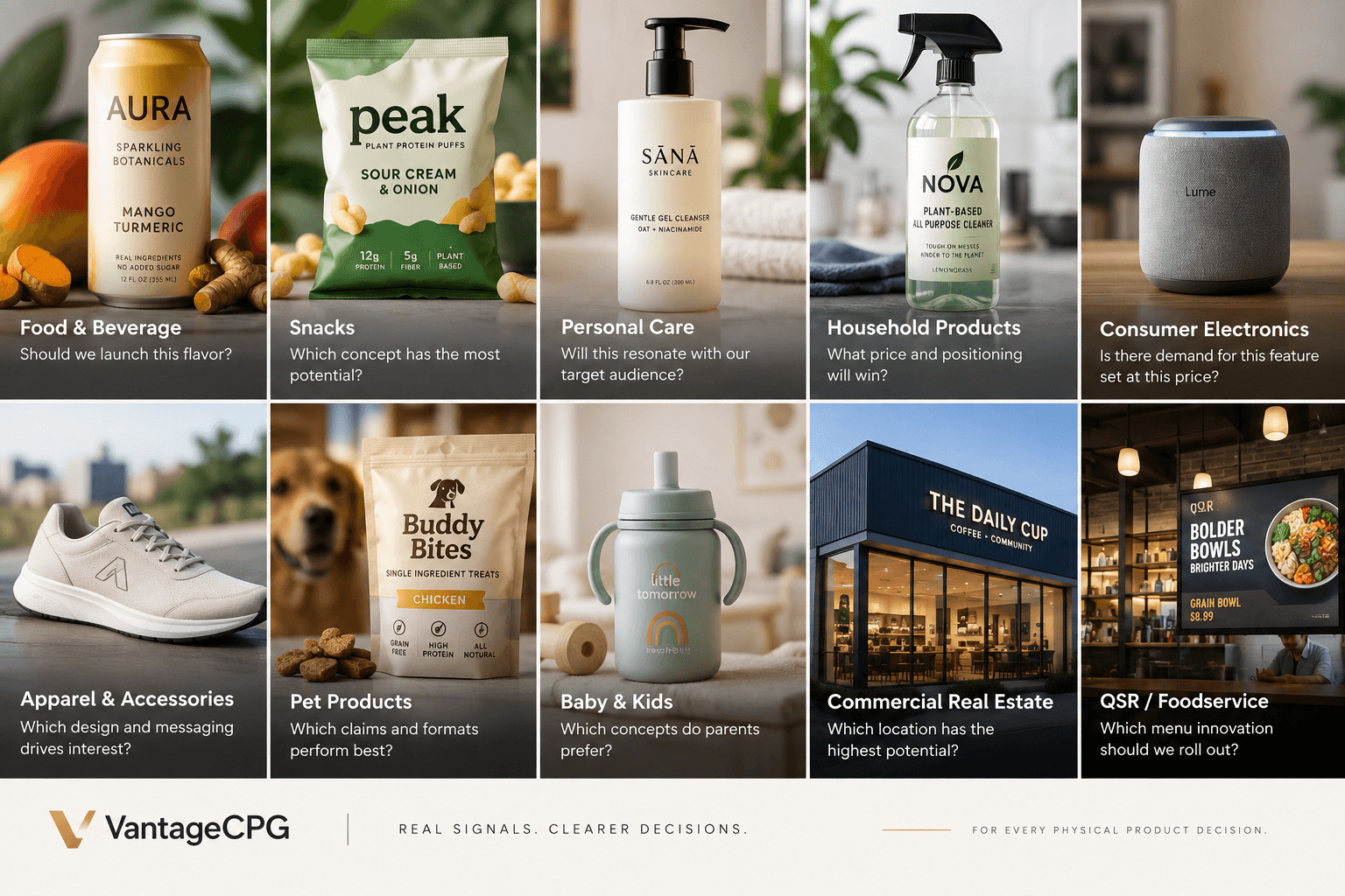 Vantage across categories: Food & Beverage (should we launch this flavor?), Snacks, Personal Care, Household Products, Consumer Electronics, Apparel & Accessories, Pet Products, Baby & Kids, Commercial Real Estate, and QSR/Foodservice, each with the question that decides it.